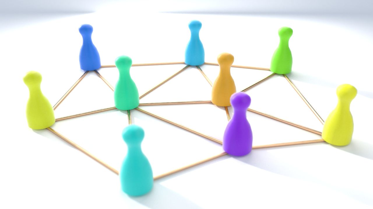 Colorful game pieces on a network
