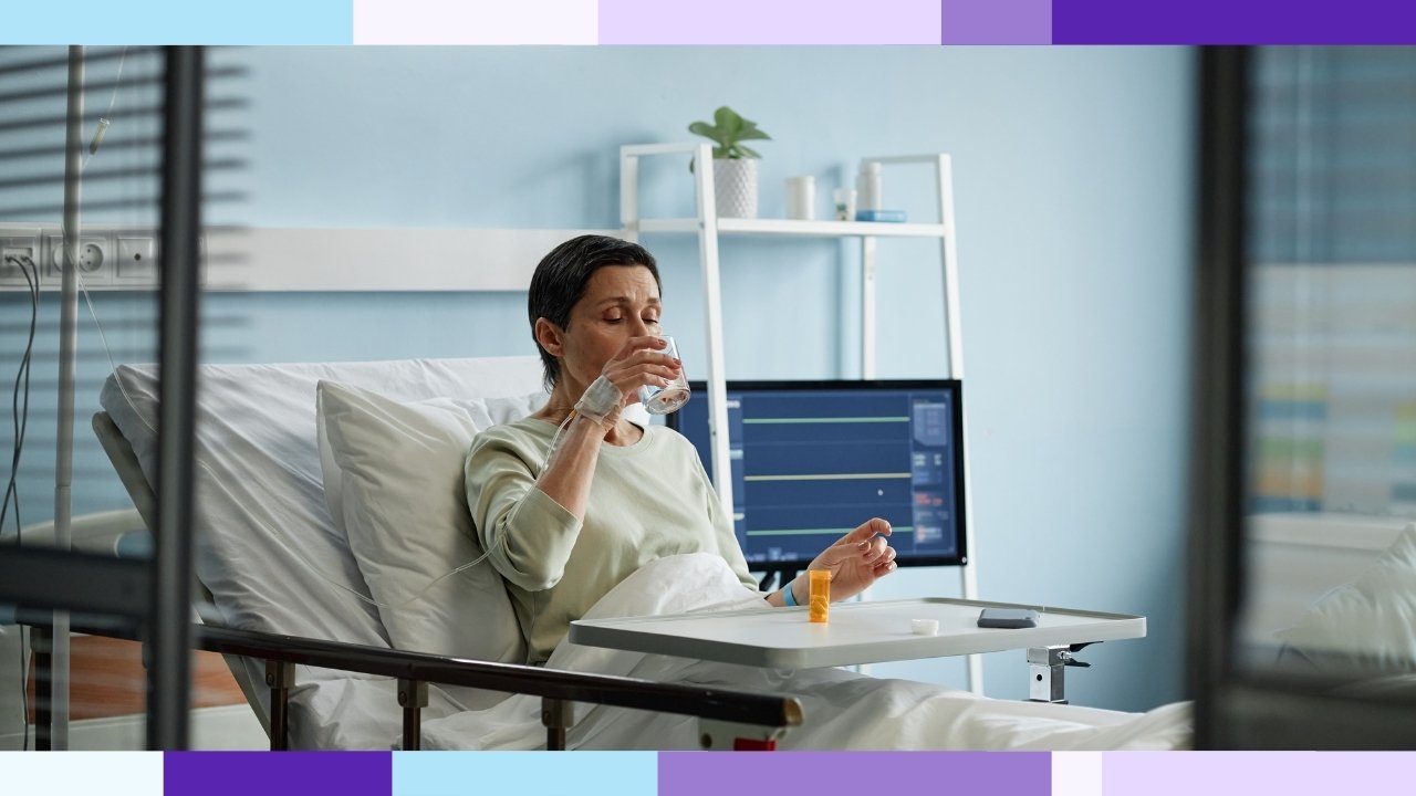 A patient sitting in a hospital bed in a hospital setting